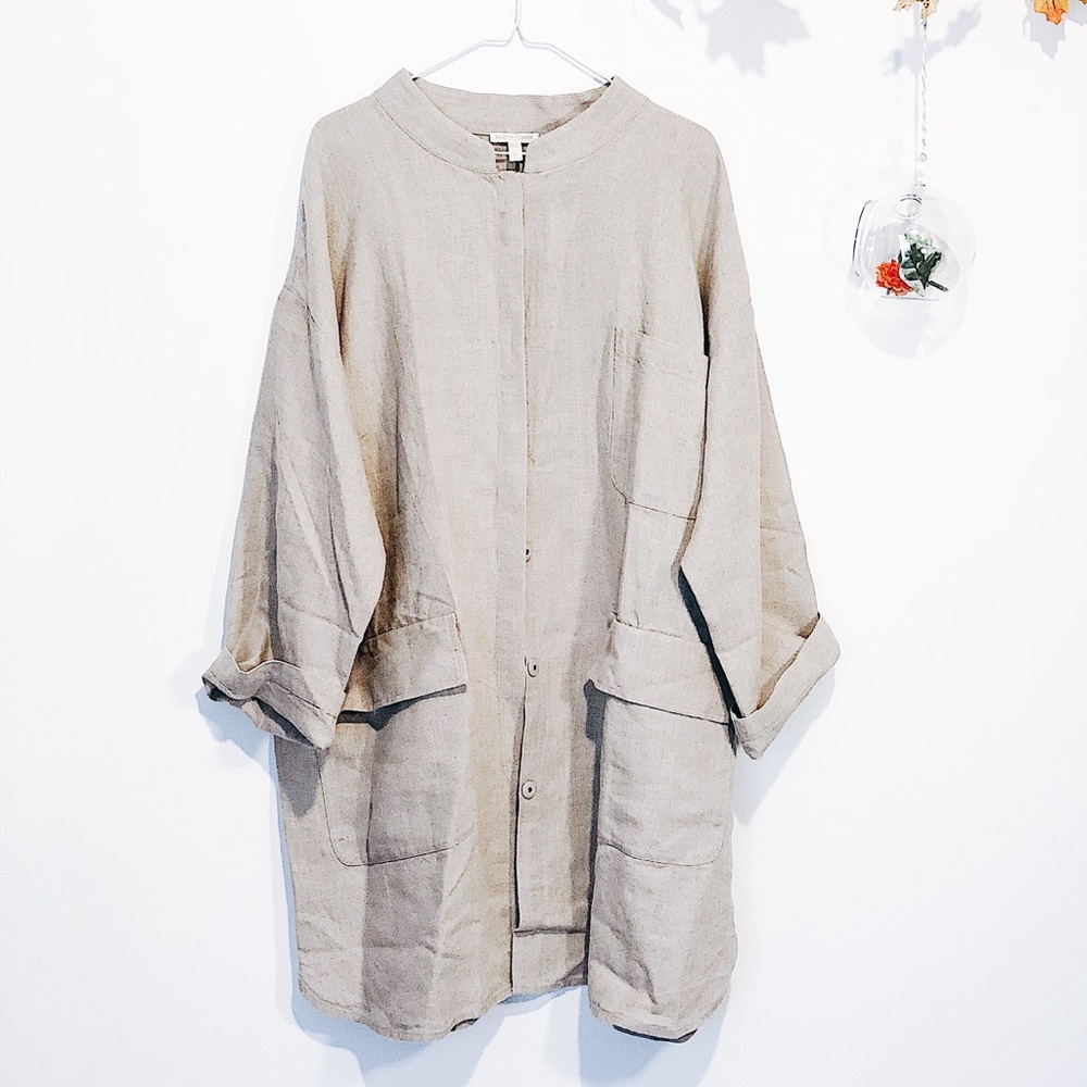 Eileen Fisher Organic Linen tan button down smock